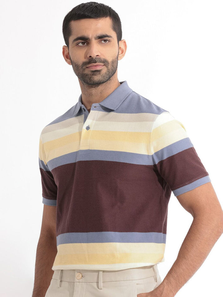 RARE RABBIT Men Glasglow Striped Polo Collar Slim Fit Pure Cotton T-Shirt