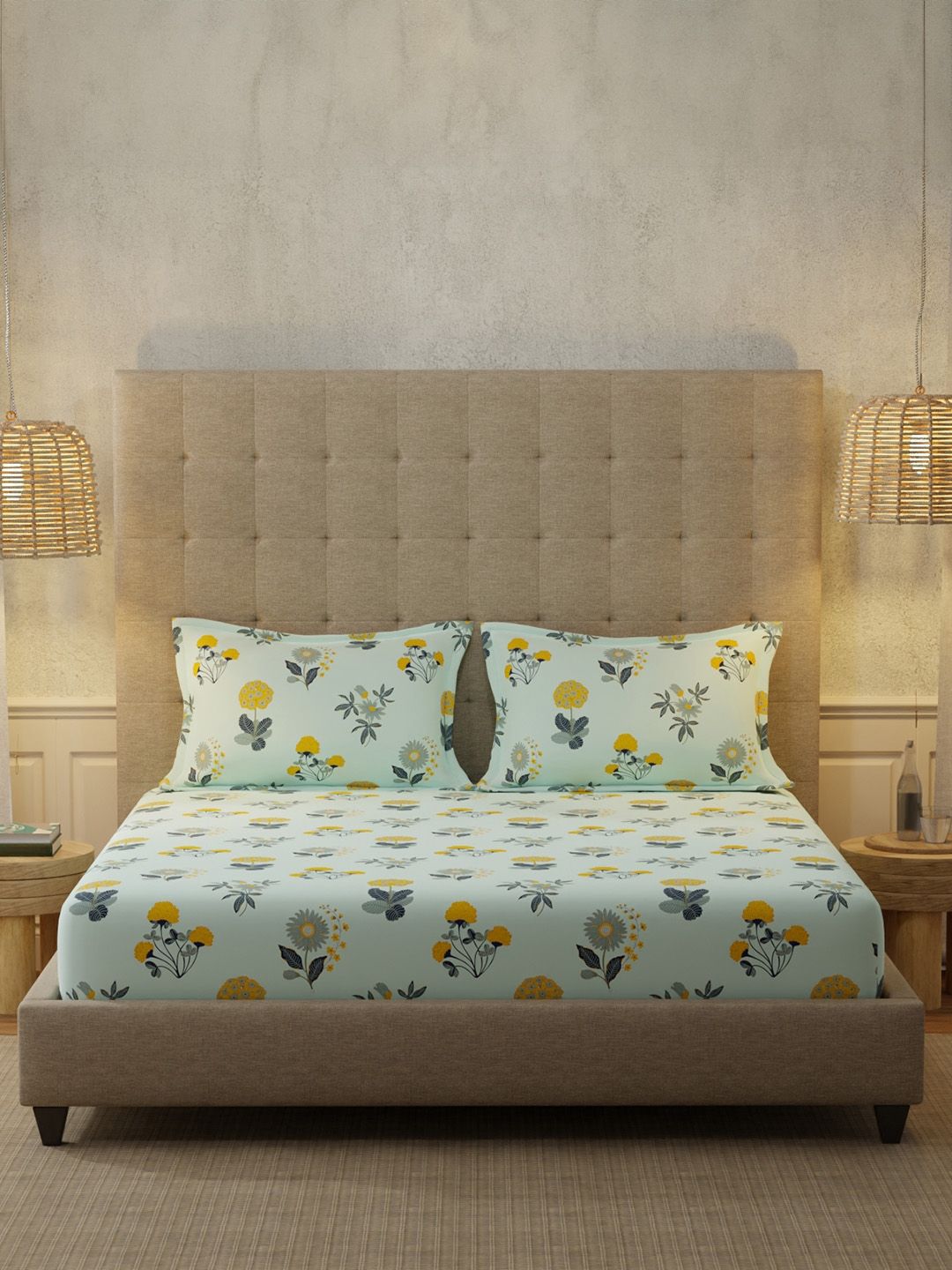 URBAN SPACE Radiance Sky Blue 200 TC Floral Queen Bedsheet