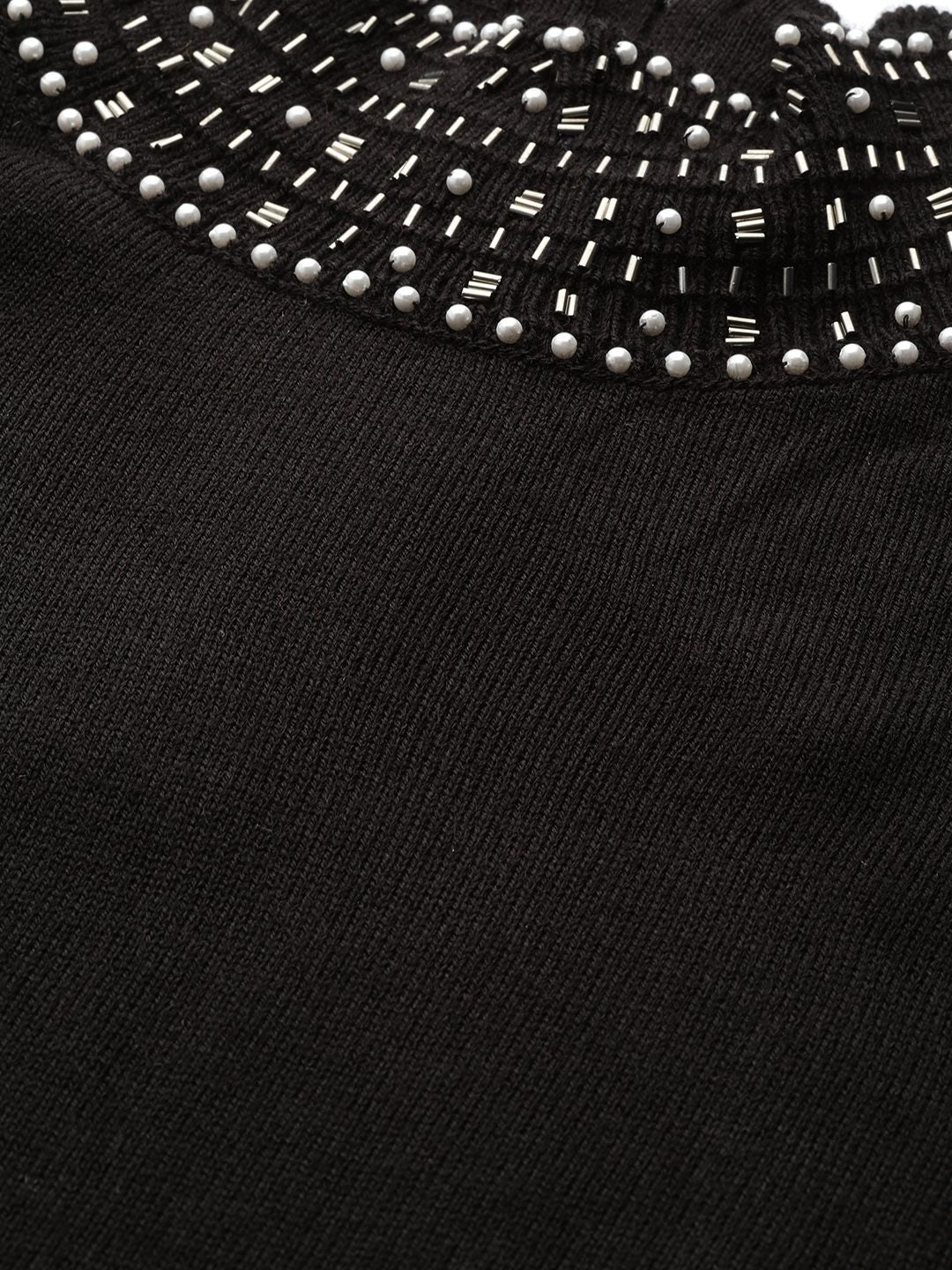 all about you Women Black Solid Turtle Embellished Neck Pullover