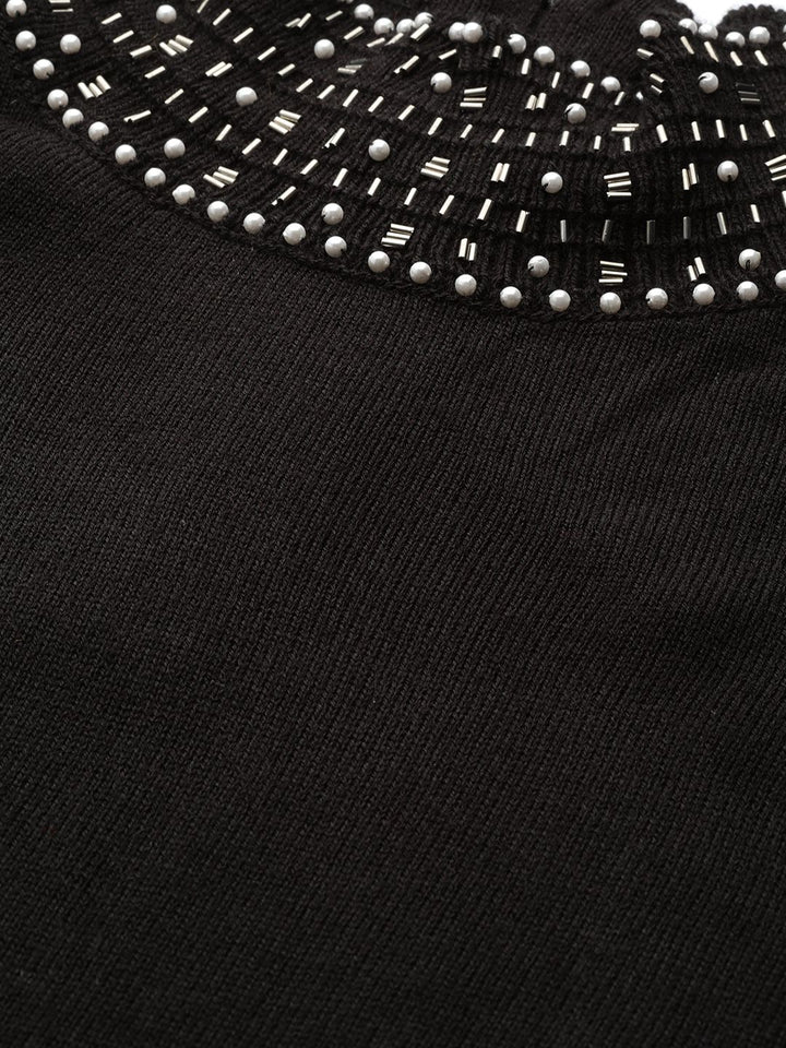 all about you Women Black Solid Turtle Embellished Neck Pullover