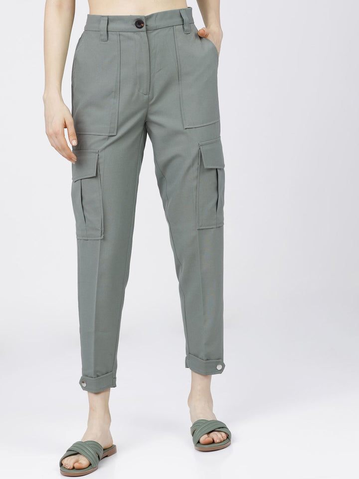 Tokyo Talkies Women Mint Green Tapered Fit Cargos Trousers
