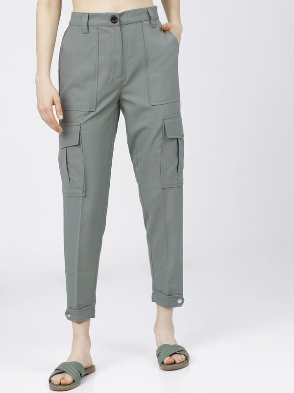 Tokyo Talkies Women Mint Green Tapered Fit Cargos Trousers