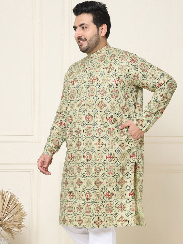 SOJANYA PLUS Ethnic Motifs Printed Band Collar Straight Cotton Linen Kurta