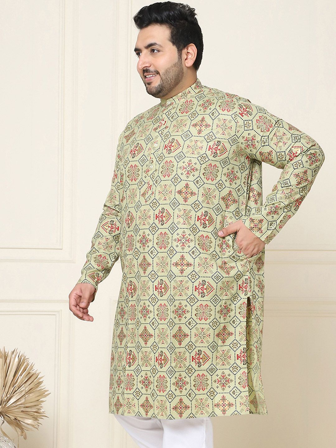 SOJANYA PLUS Ethnic Motifs Printed Band Collar Straight Cotton Linen Kurta