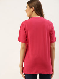 DILLINGER Women Magenta Pink Printed  Round Neck Longline Oversized Pure Cotton T-shirt