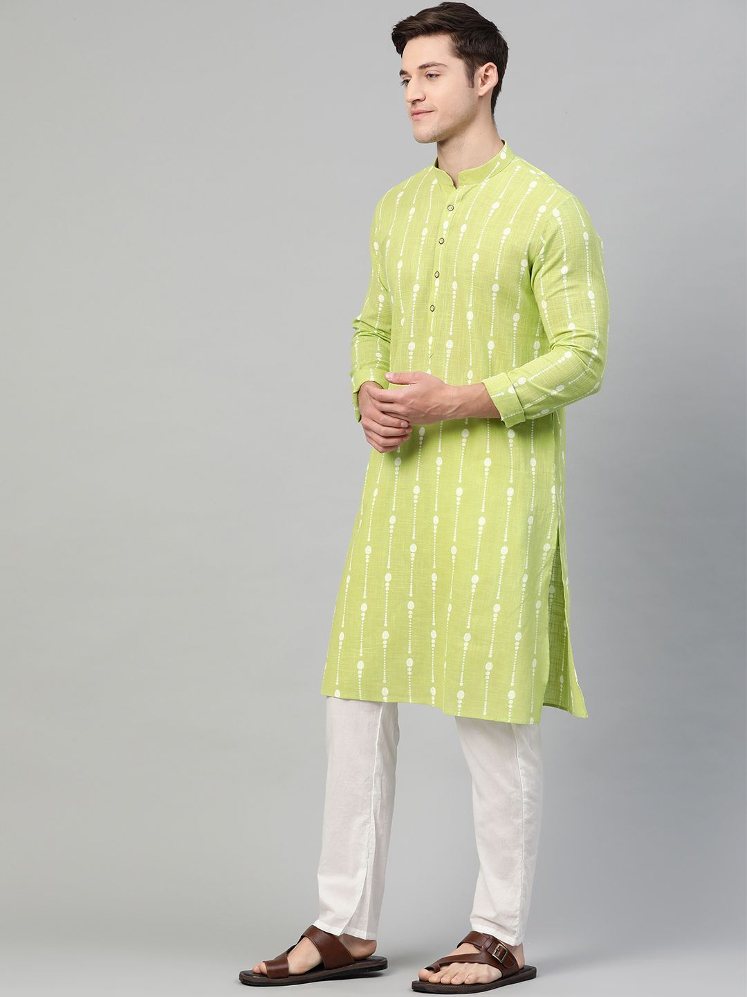 See Designs Men Lime Green & White Printed Pure Cotton Straight Kurta
