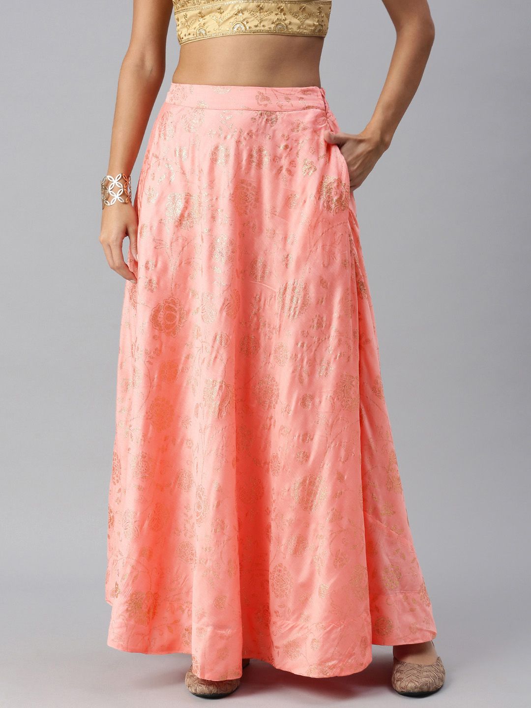 Global Desi Women Peach Pink & Gold-toned Embellished Paneled Flared Maxi Skirt