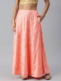 Global Desi Women Peach Pink & Gold-toned Embellished Paneled Flared Maxi Skirt