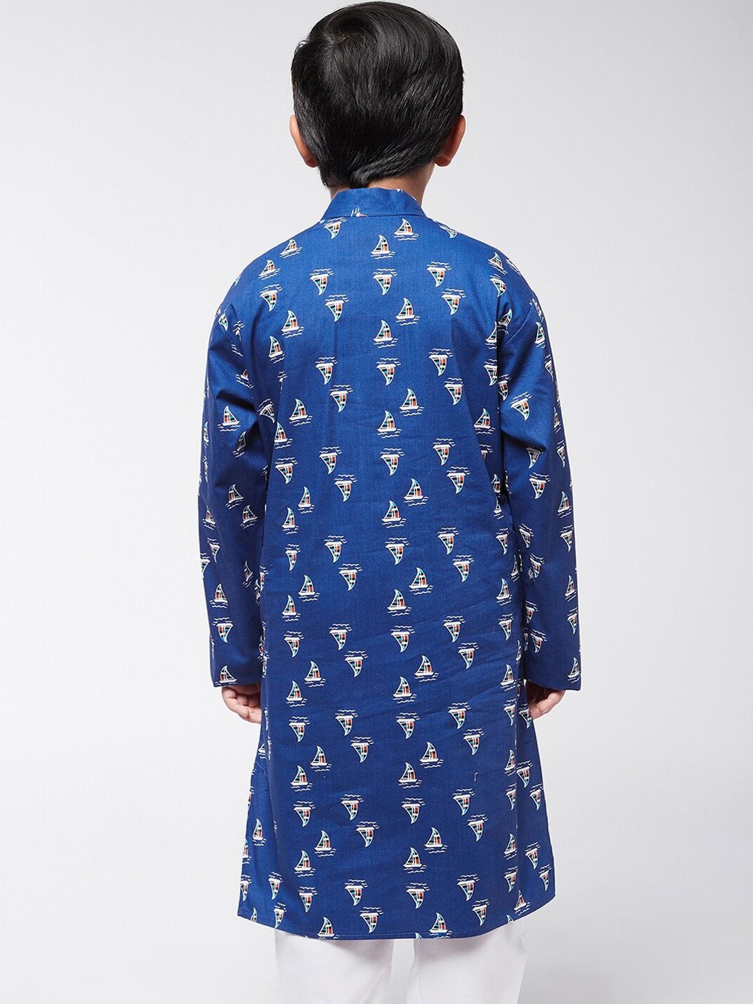 SOJANYA Boys Blue & White Quirky Printed Mandarin Collar Cotton Straight Kurta