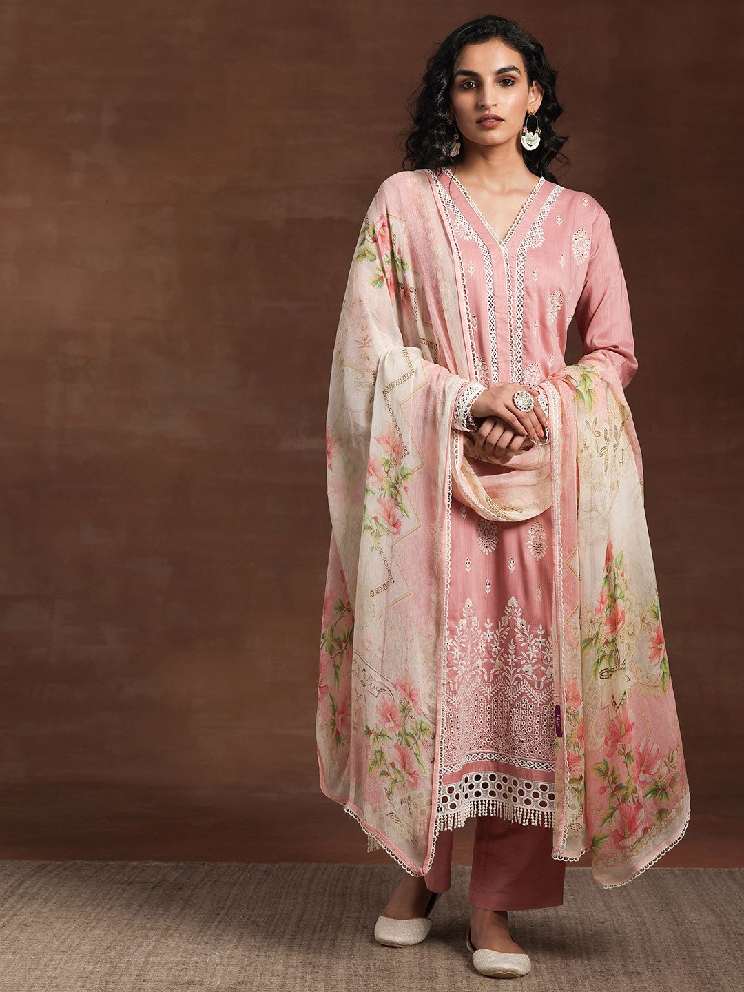 Libas Floral Embroidered V-Neck Long Sleeves Thread Work Kurta Set