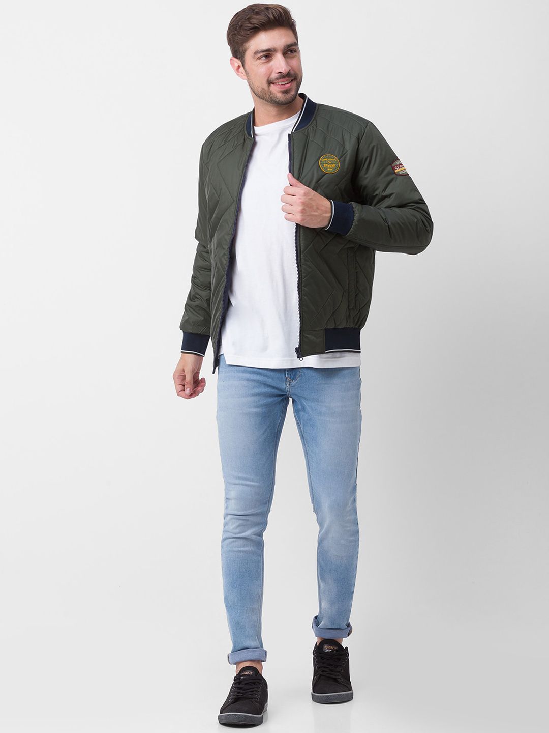 SPYKAR Men Blue Striped Bomber with Patchwork Jacket