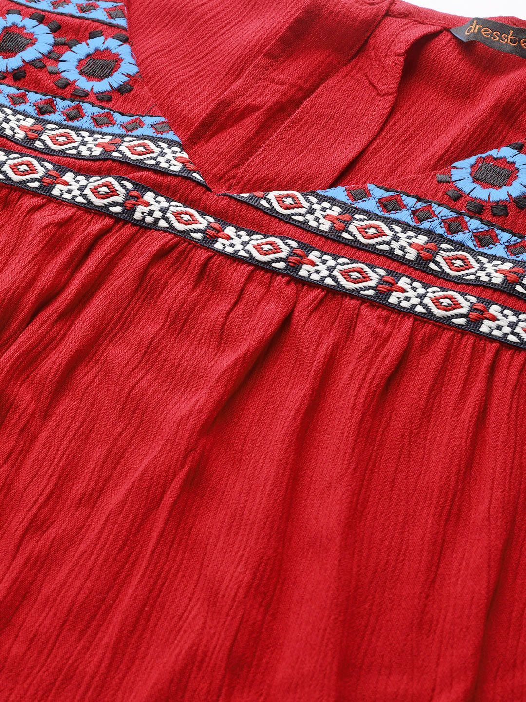 DressBerry Red & Blue Embroidered A-Line Top