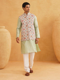 SOJANYA Men Green Ethnic Motifs Woven Design Kurta & Churidar Comes With a Nehru Jacket