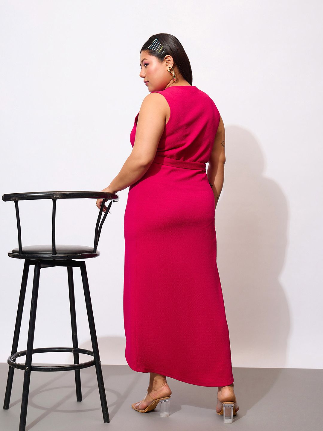 SASSAFRAS Curve Plus Size V-Neck Sleeveless Midi Wrap Dress With Belt