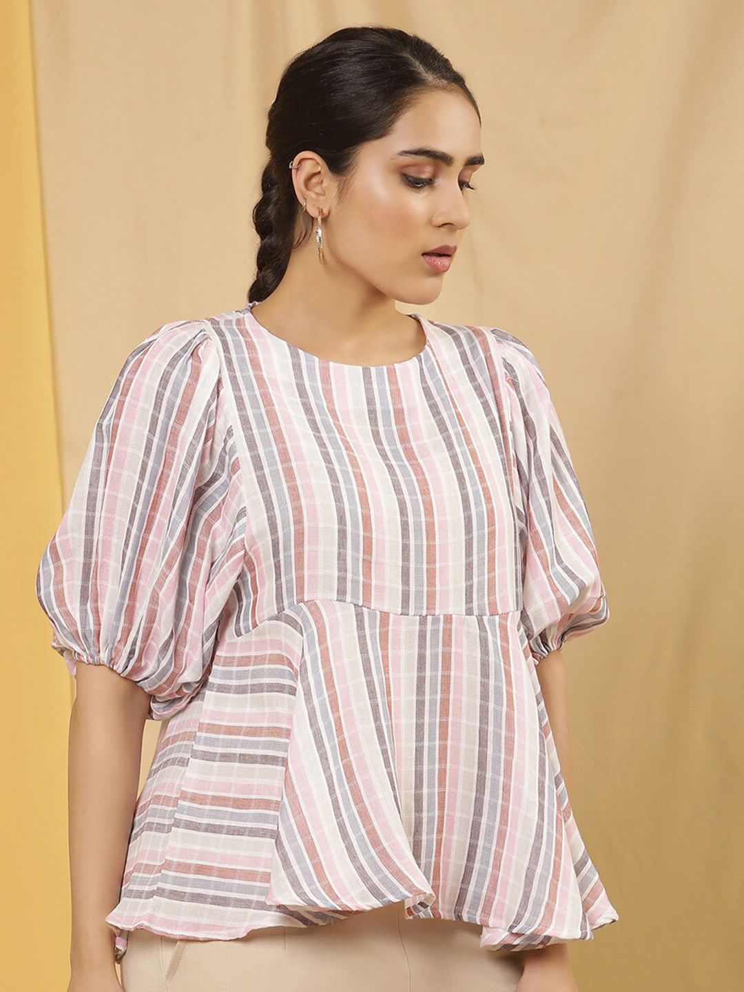W Vertical Striped Puff Sleeves Cotton Peplum Top
