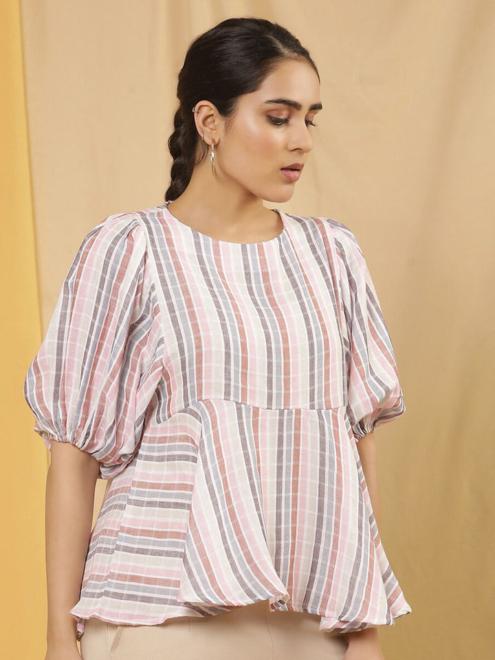 W Vertical Striped Puff Sleeves Cotton Peplum Top