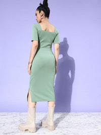 DressBerry Dusty Green Ribbed 90's Hollaback Cutout Course Sheath Midi Dress