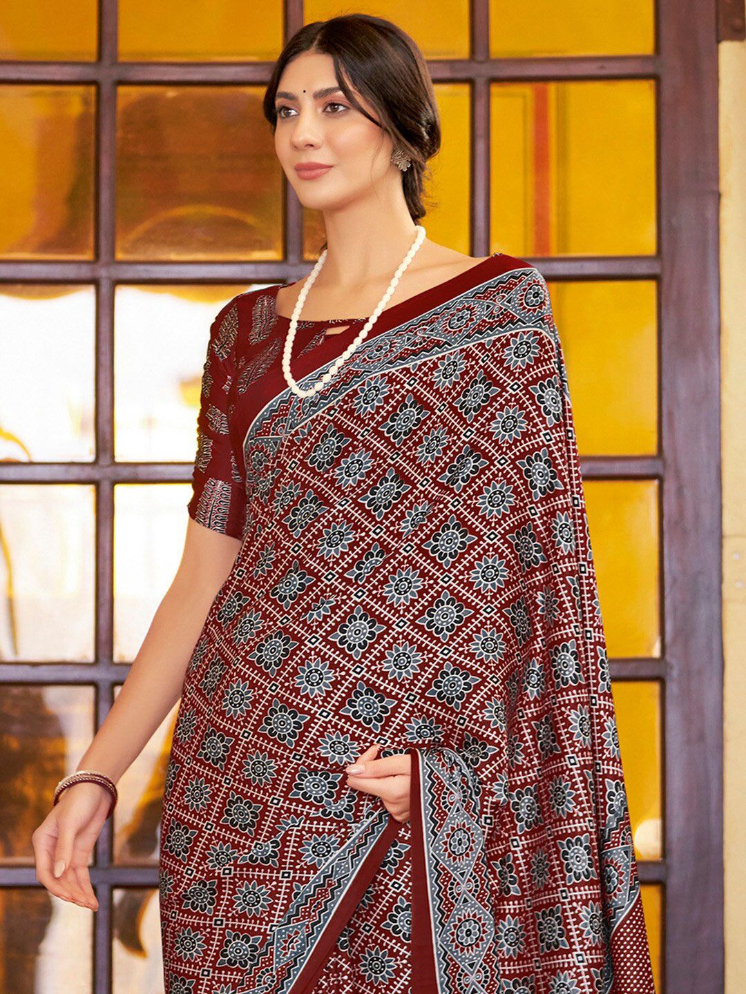 Saree mall modal Ajrak Block Poly Crepe Designer Bagru SareesWith Blouse Piece