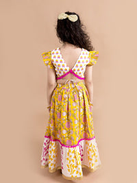 pspeaches Girls Yellow & Pink Printed Ready to Wear Lehenga & Blouse With Dupatta