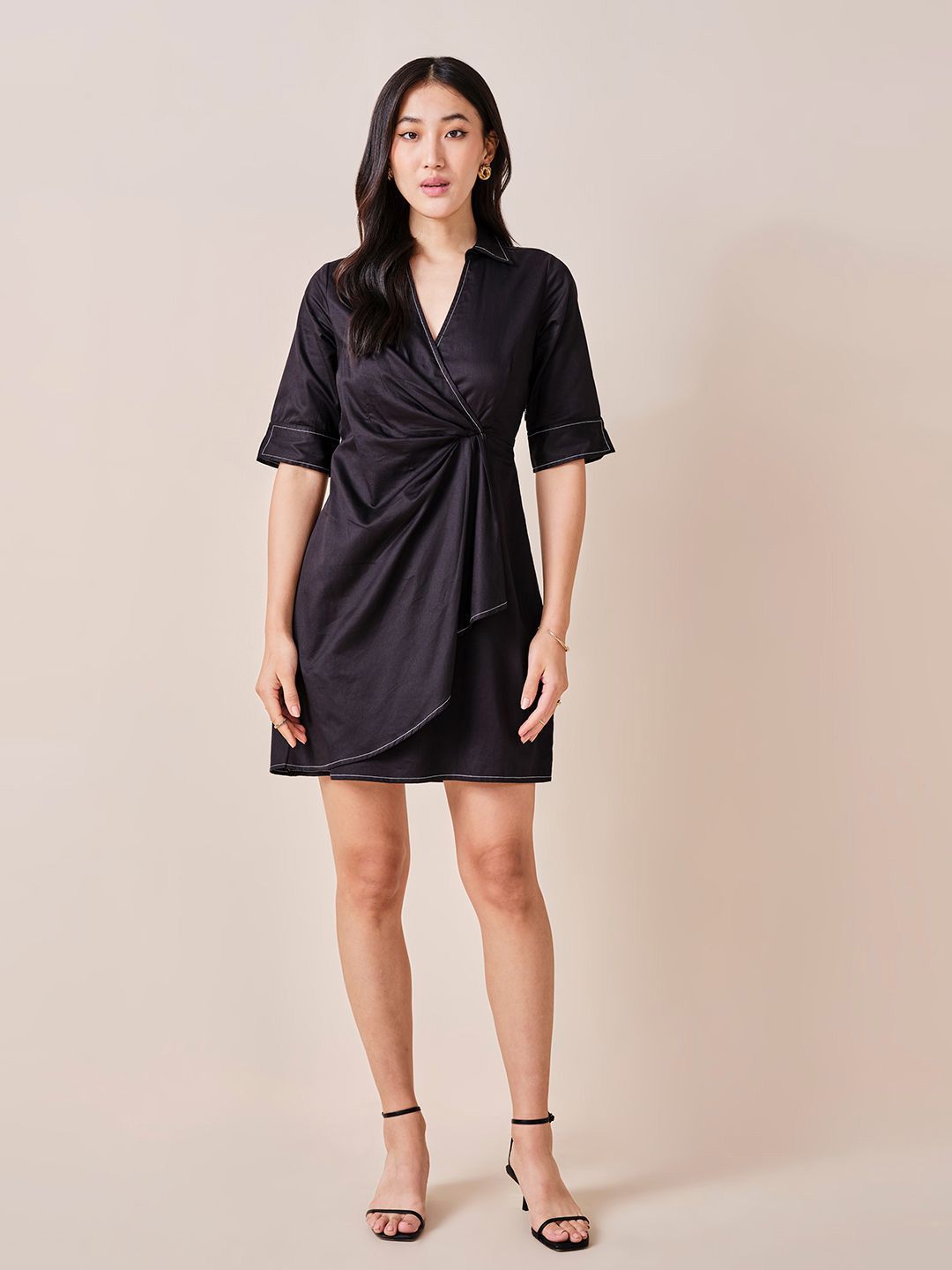 AND Solid Shirt Collar Neck Wrap Dress