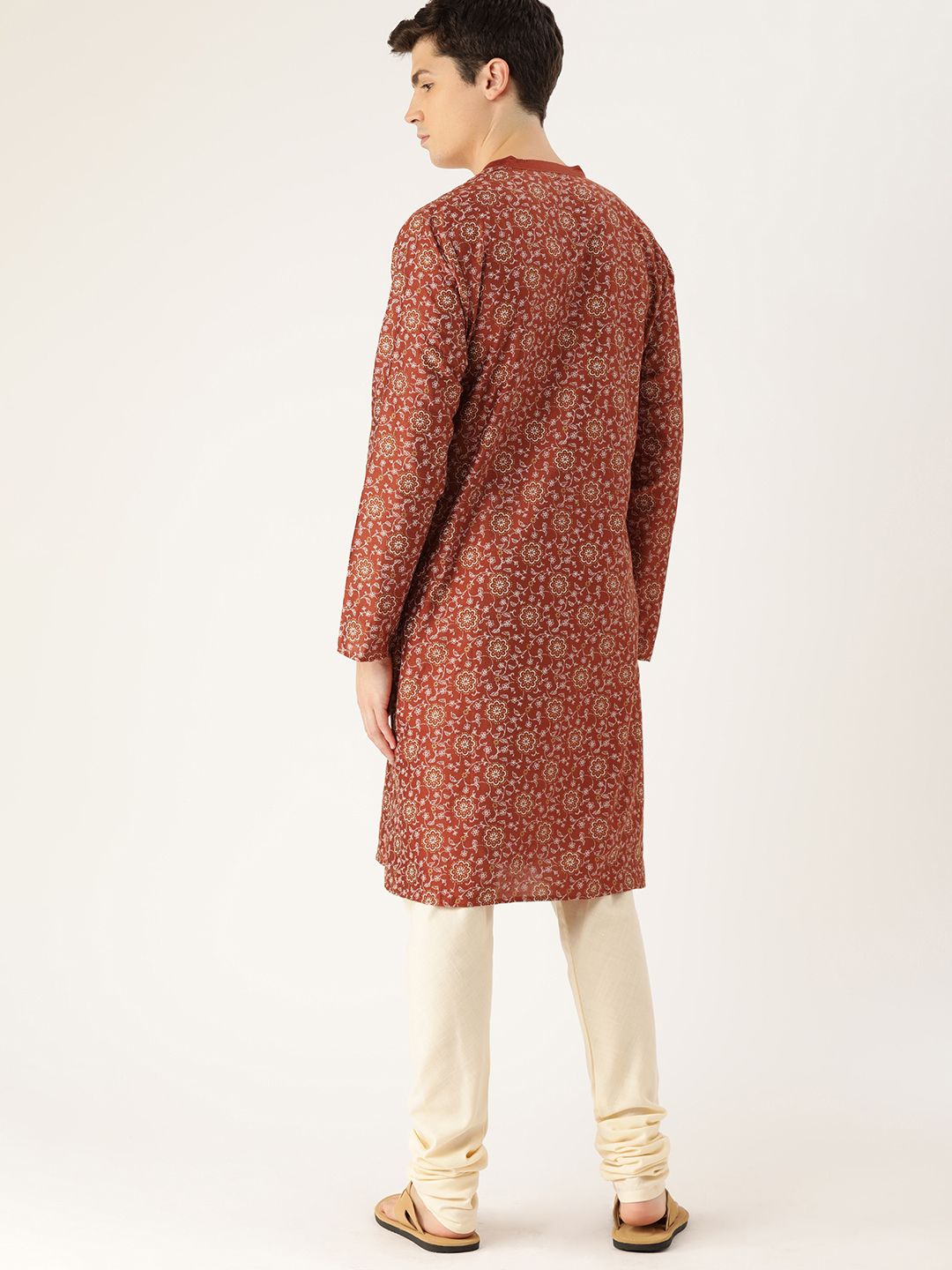 House of Pataudi Men Rust Red & White Printed Straight Kurta