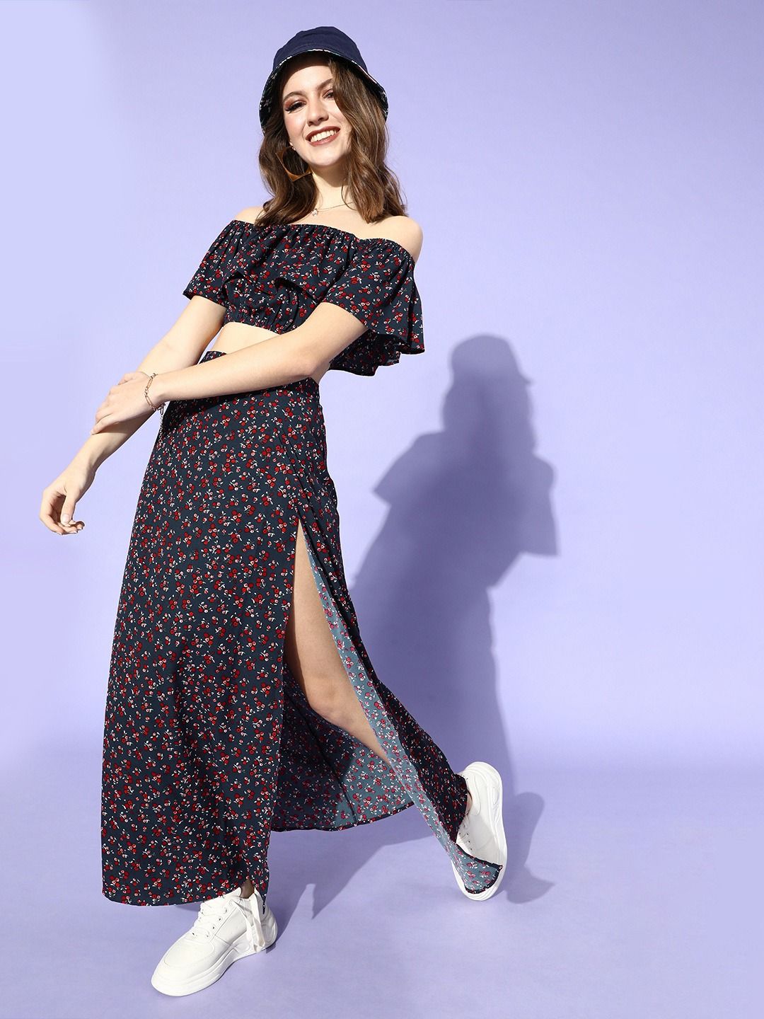 Berrylush Women Deep Navy Blue Floral Co-ords Dress