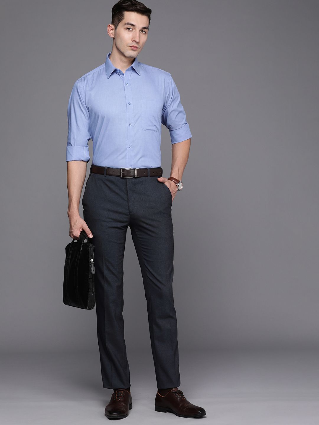 Raymond Men Navy Blue Textured Mid-Rise Slim Fit Trousers