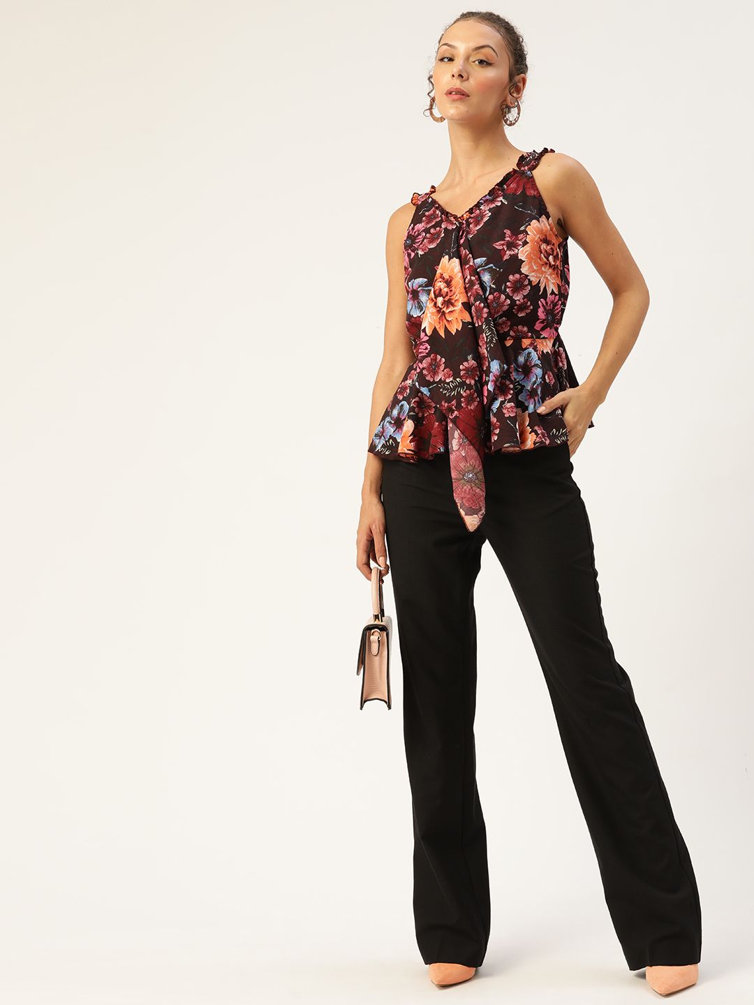Antheaa Rust & Peach-Coloured Floral Print Ruffles Peplum Top