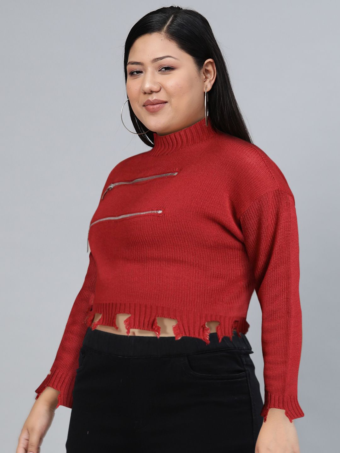 Tokyo Talkies Red High Neck Acrylic Crop Pullover