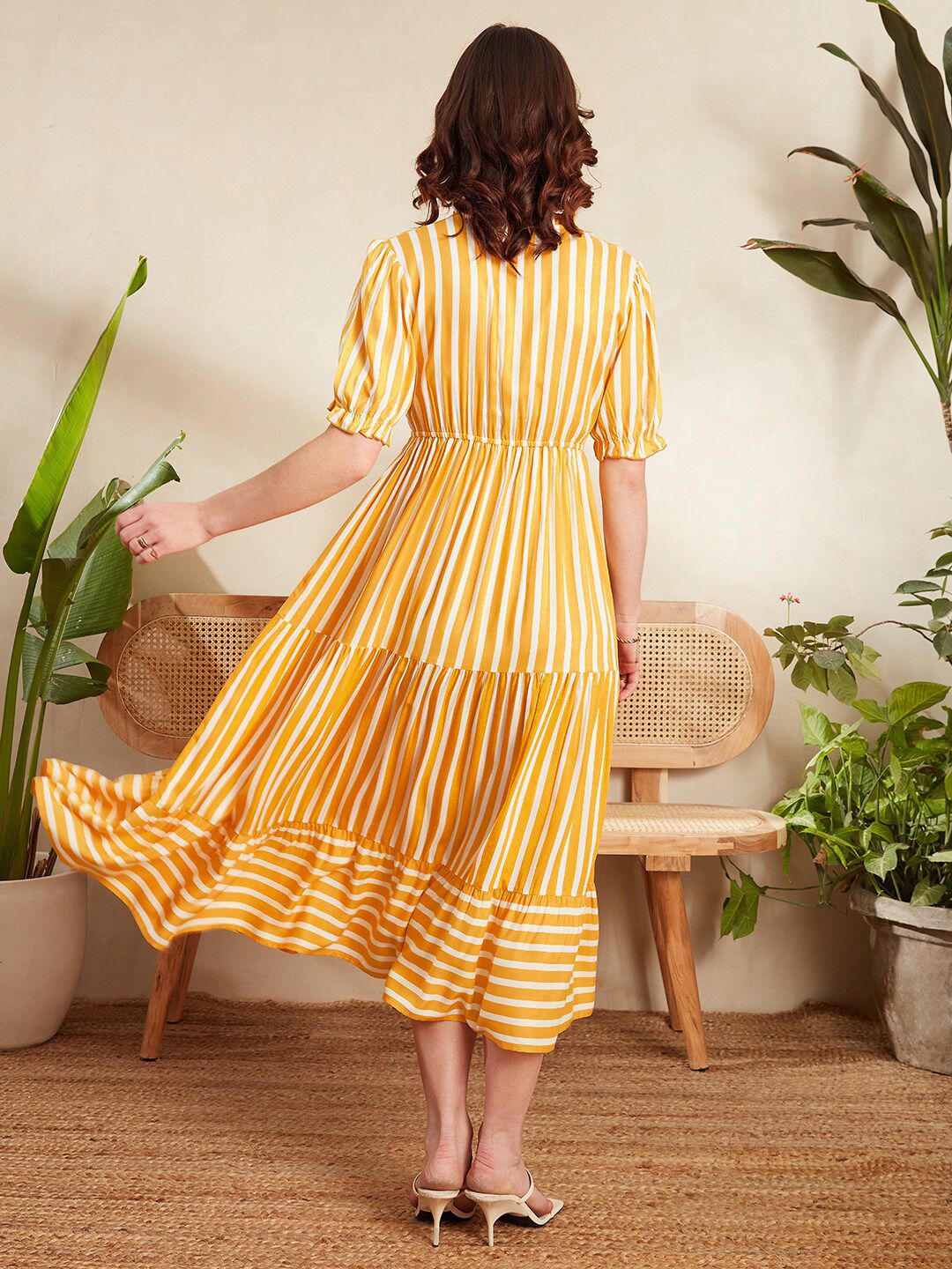 Berrylush Yellow Striped Tie-Up Neck Puff Sleeves Gathered Tiered Fit & Flare Midi Dress