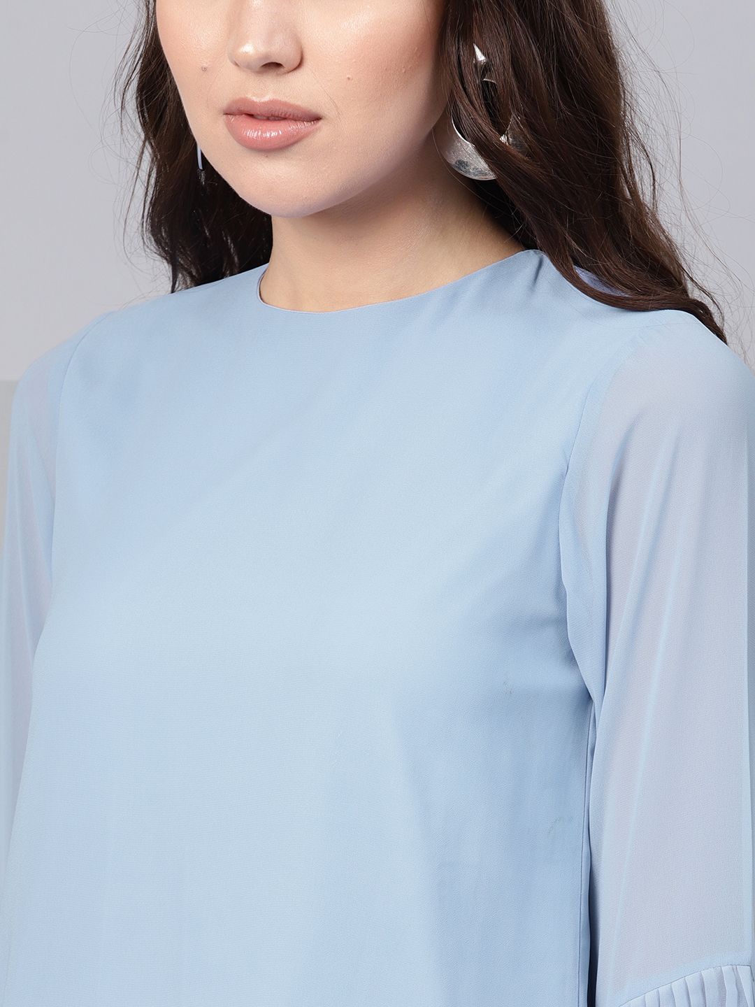 SASSAFRAS Blue Pleated Top With Frilled Hem