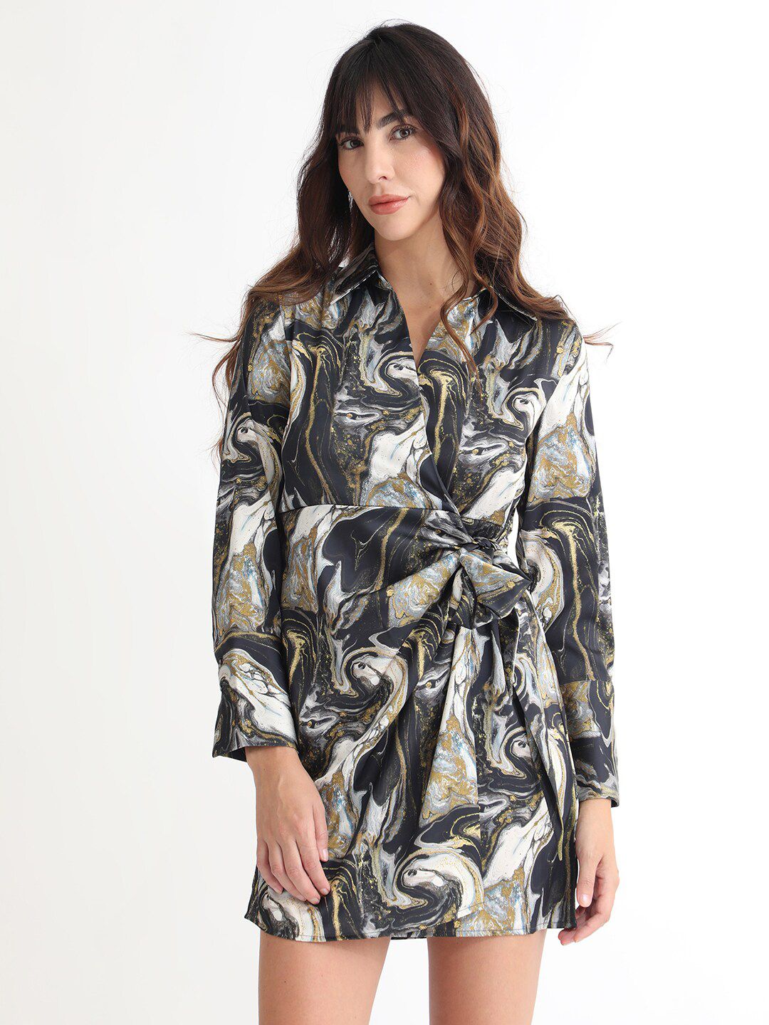 RAREISM Abstract Printed Shirt Collar Cuffed Sleeves Wrap Mini Dress