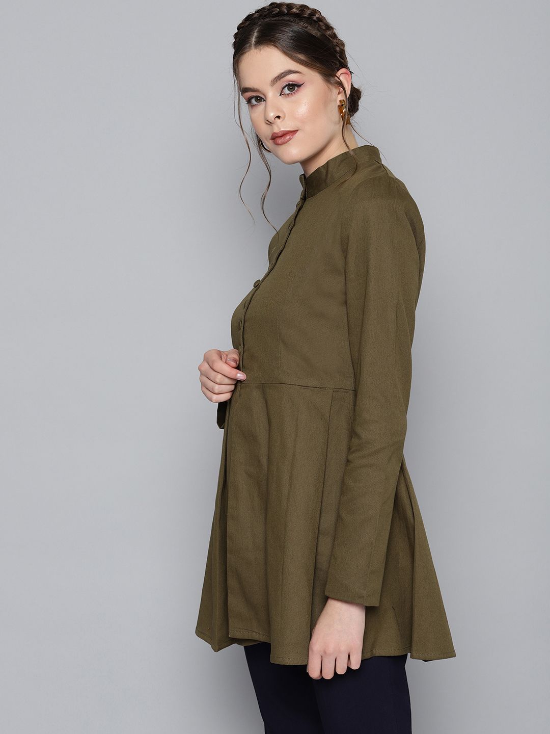 STREET 9 Women Olive Green Peplum Solid Tailored Jacket