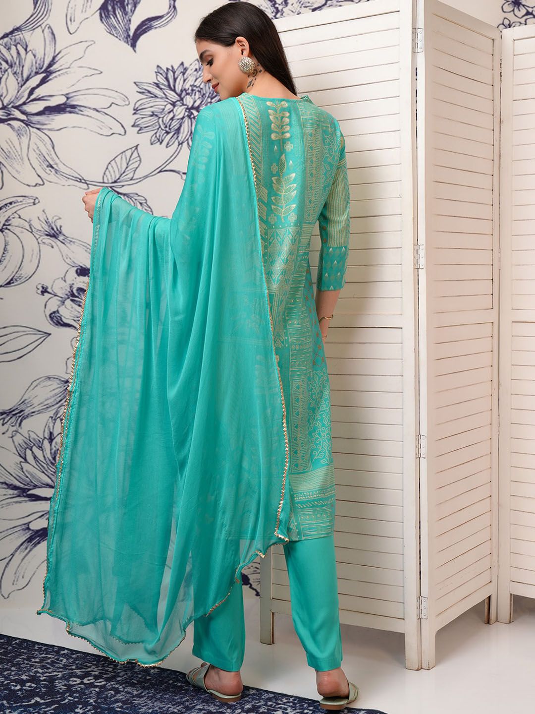 Vishudh Floral Printed Regular Beads and Stones Kurta with Trouser & Dupatta