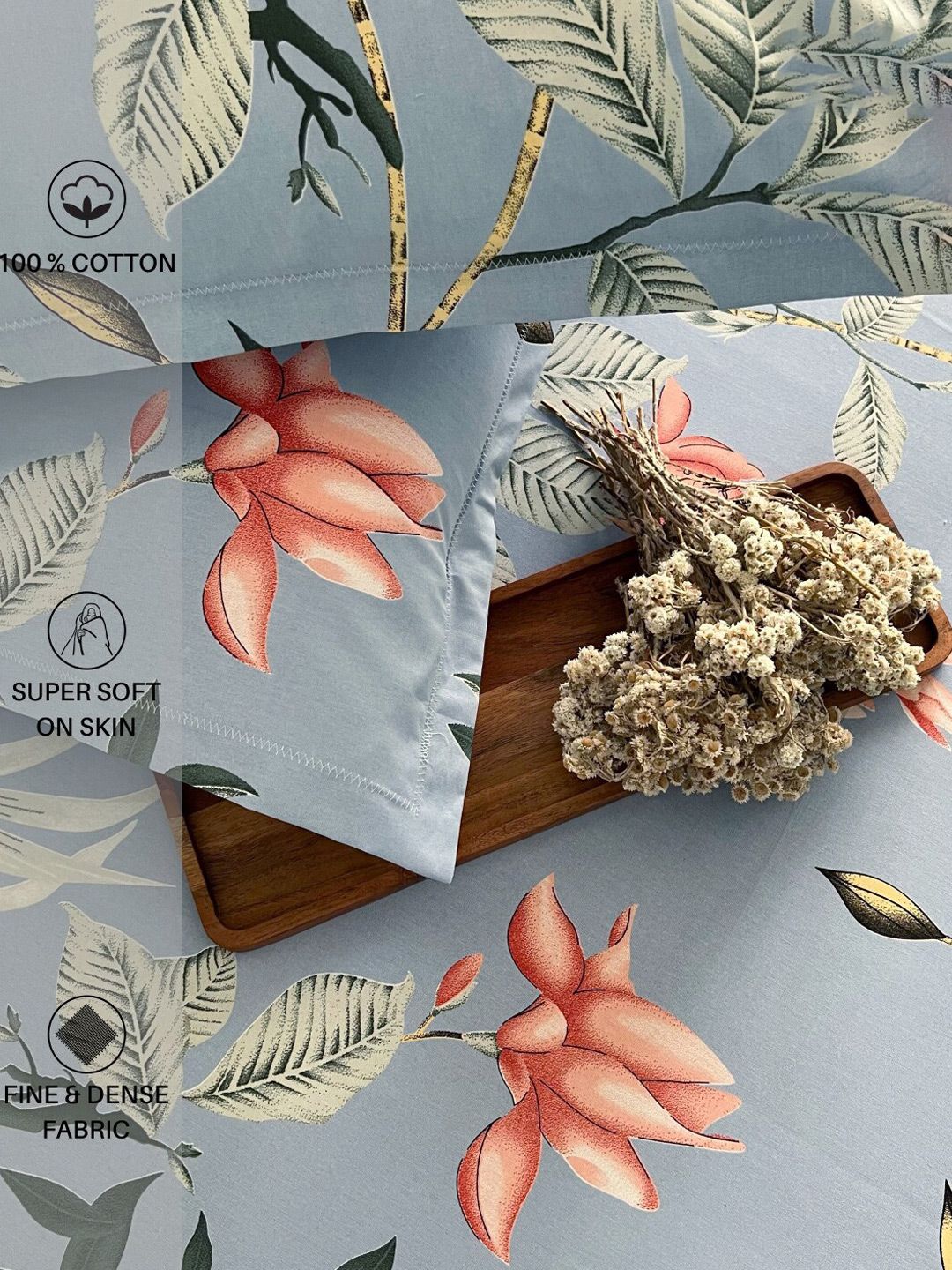URBAN SPACE Serene Grey & Red Floral Cotton 200 TC Single Bedsheet with 1 Pillow Cover