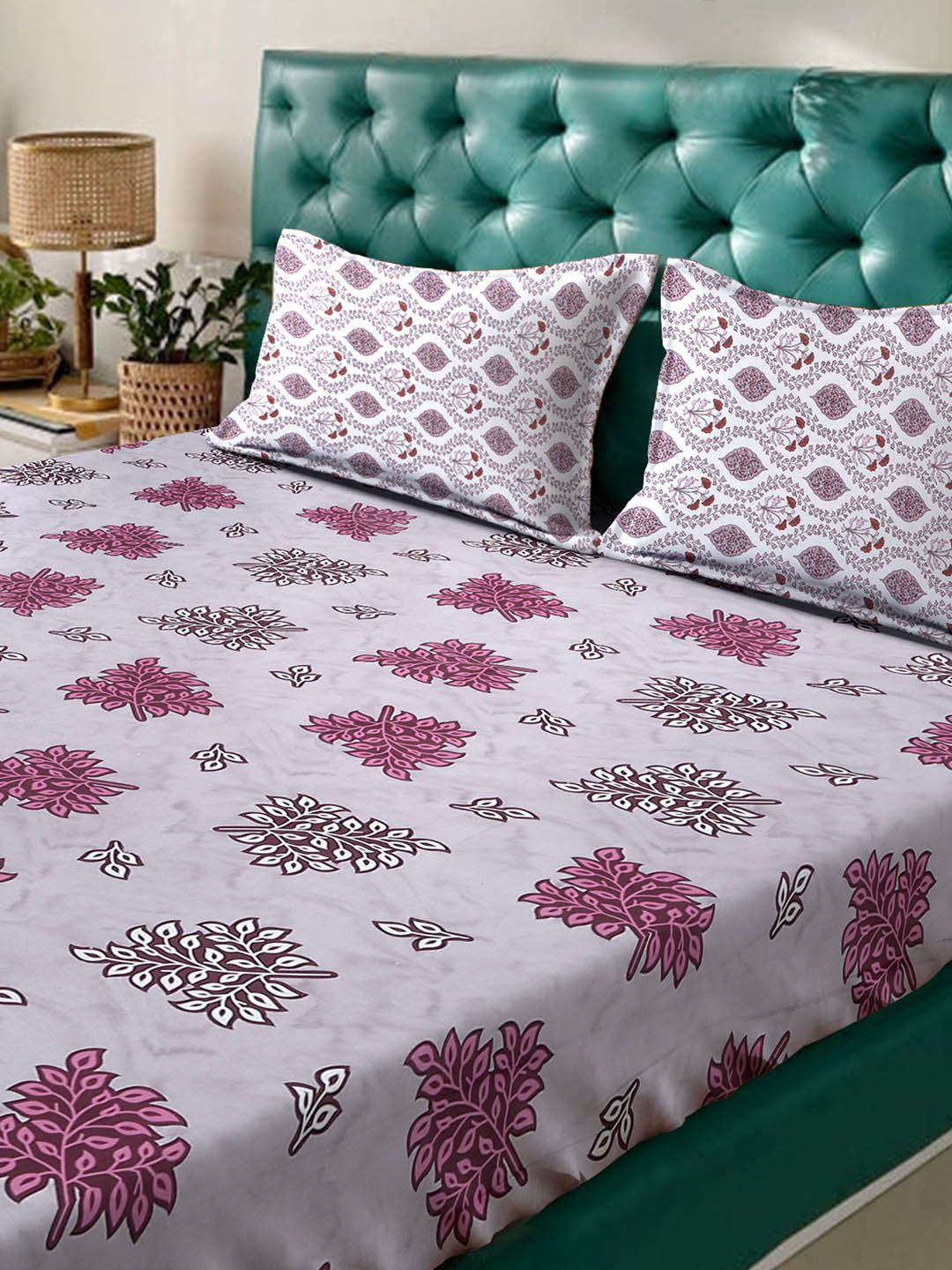 KLOTTHE Purple Floral 400 TC King Bedsheet with 2 Pillow Covers