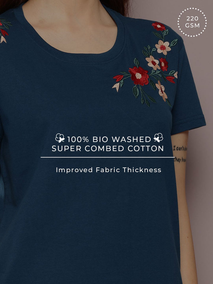 DILLINGER Women Boxy Regular Embroidery Crew Neck Tshirt