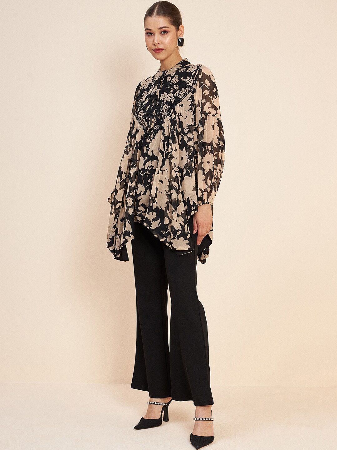 Antheaa Black Printed Embellished Top & Trousers