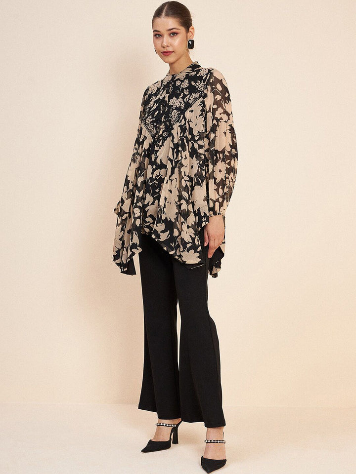 Antheaa Black Printed Embellished Top & Trousers