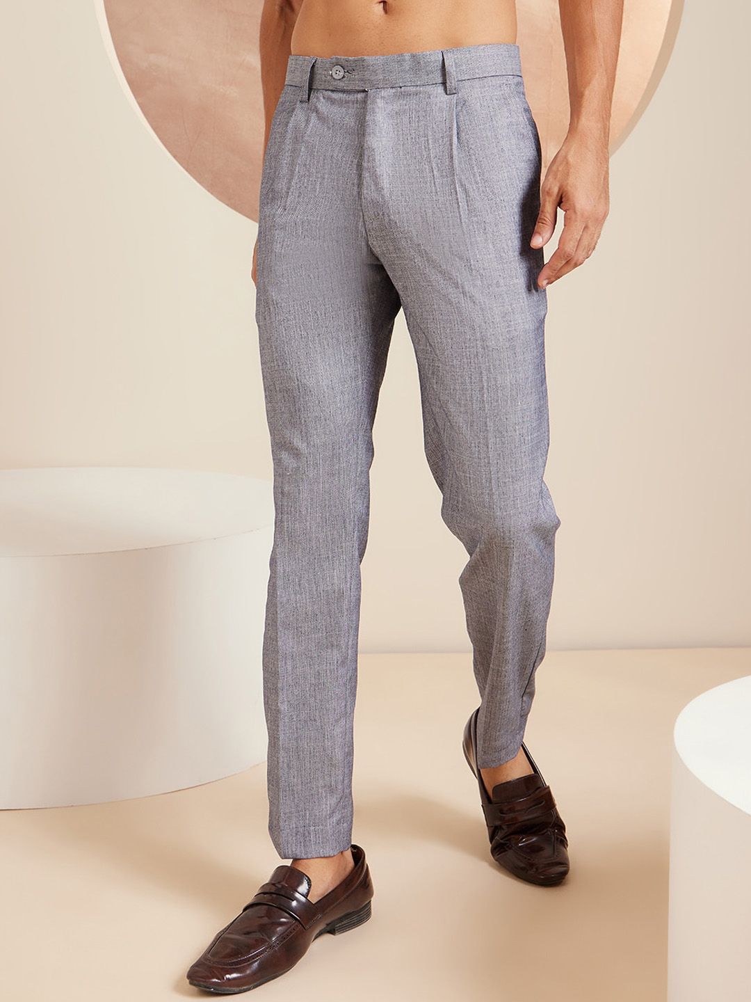 DENNISON Men Striped Smart Tapered Fit Easy Wash Pleated Formal Trousers
