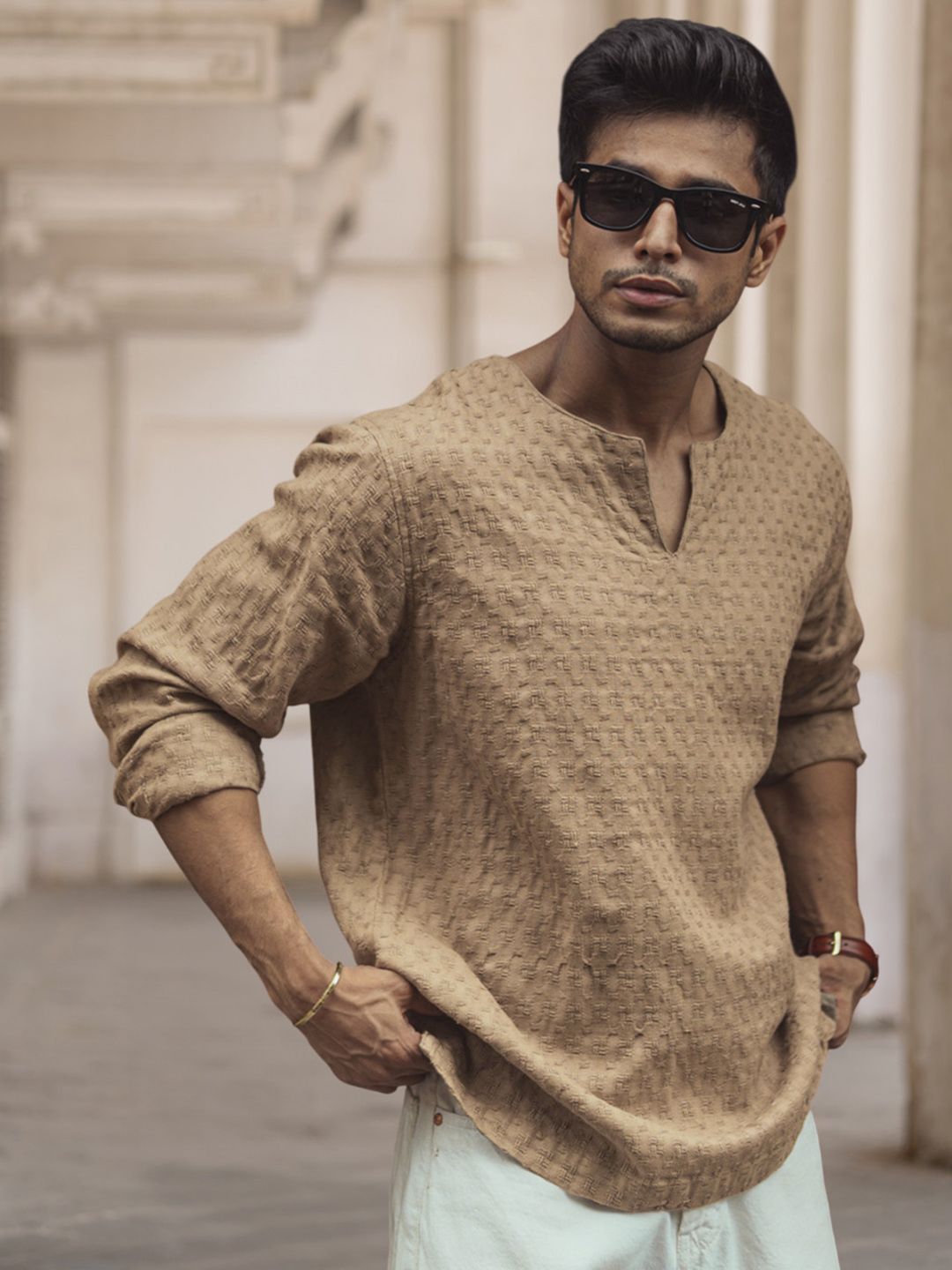 Powerlook Men Collarless Popcorn Texture Pure Cotton Casual Shirt