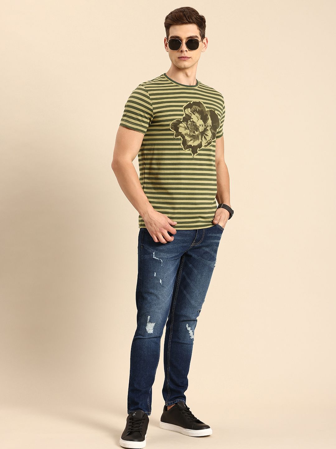 Being Human Pure Cotton Striped Applique T-shirt