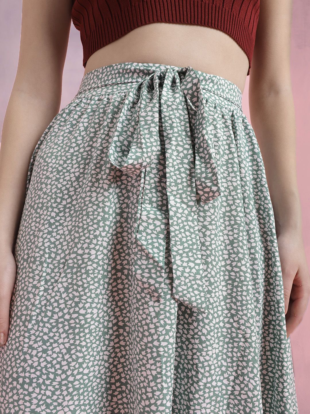 DressBerry Ruffled Micro Ditsy Print Flared Midi Skirt with Belt