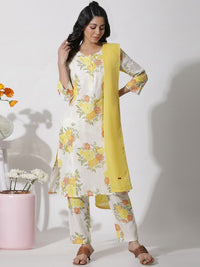 W Floral Printed Regular Thread Work Pure Cotton Kurta with Trousers & Dupatta