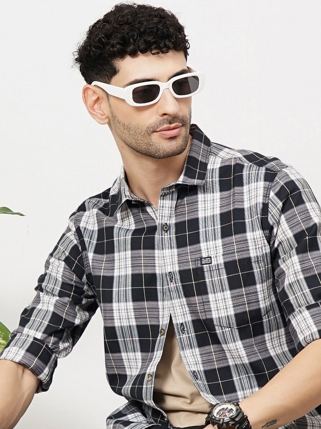 The Indian Garage Co Men Tartan Checked Cotton Casual Shirt