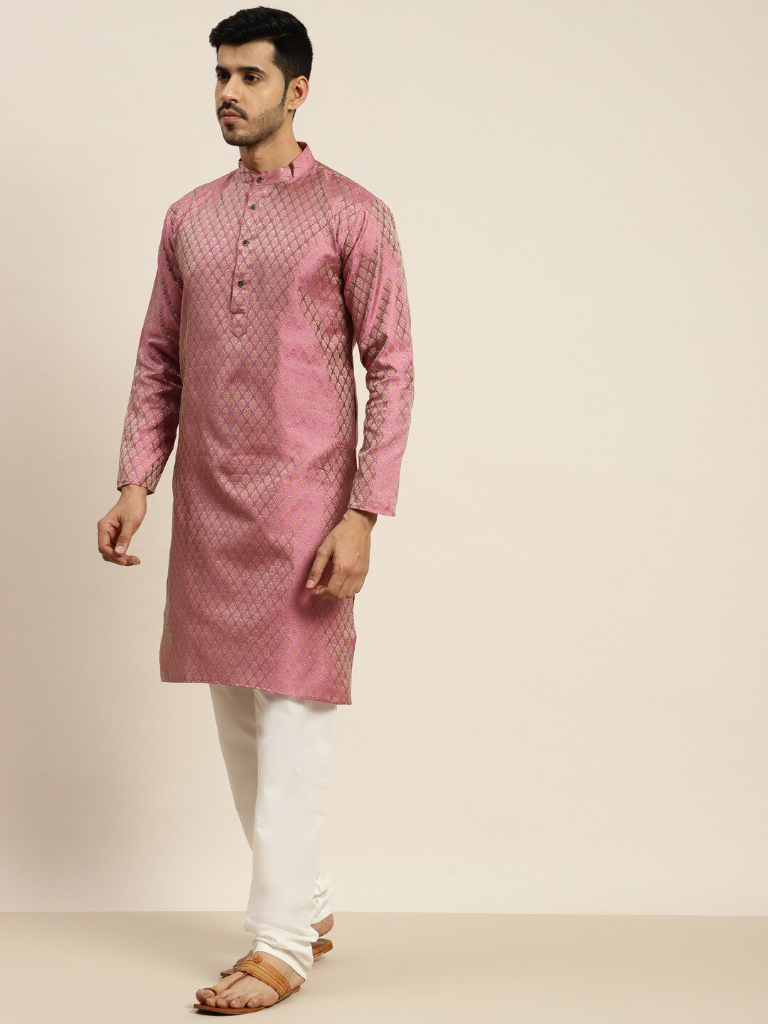 SOJANYA Ethnic Motif Woven Design Mandarin Collar Kurta With Churidar & Nehru Jacket