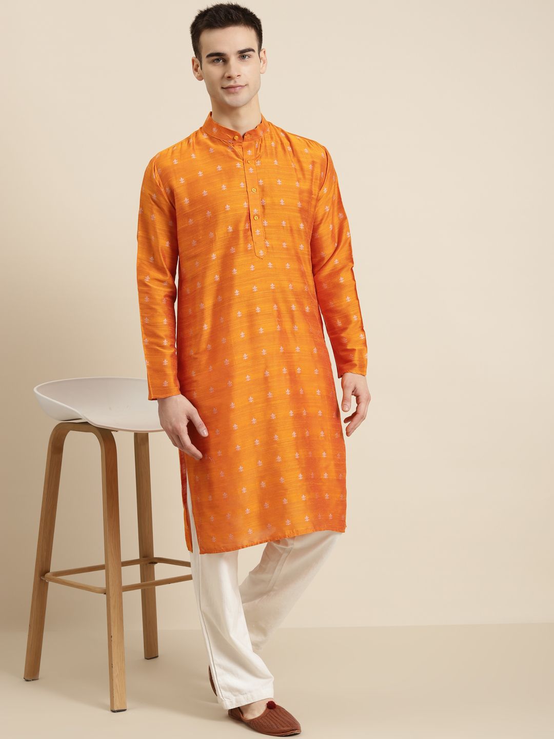 SOJANYA Lelaki Oren & Perak Motif Tenun Rekaan Jacquard Kurta