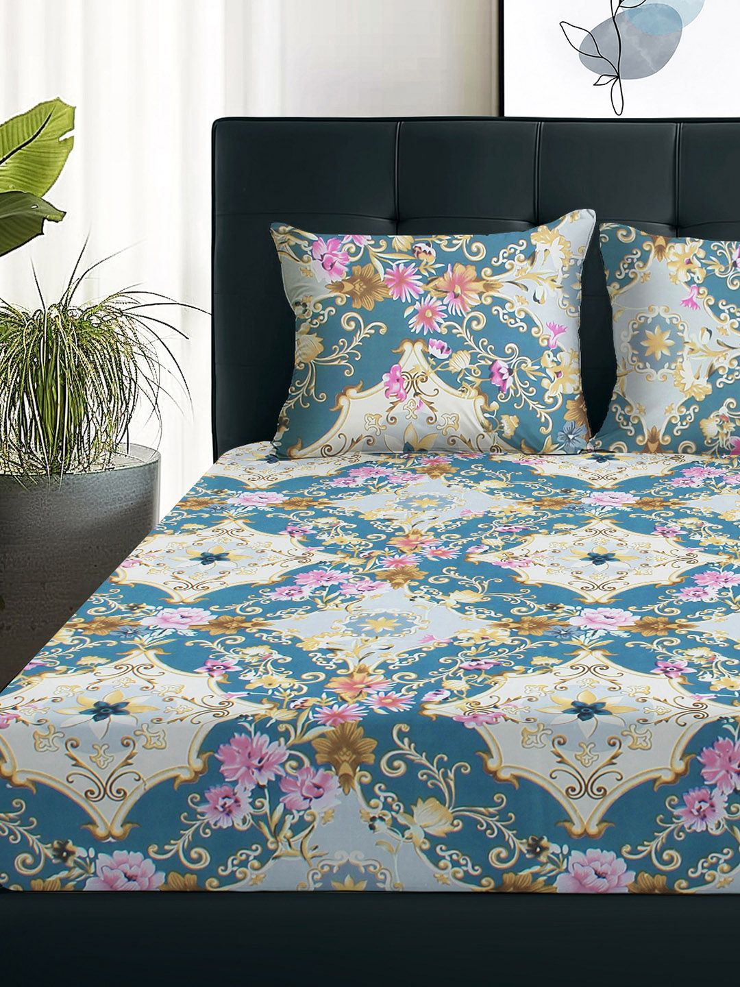 Story@home Arena Grey & Yellow Printed 180 TC Queen Bedsheet with 2 Pillow Covers