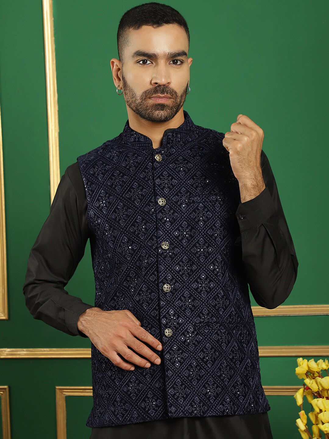 Jompers Embroidered Mandarin Collar Nehru Jackets