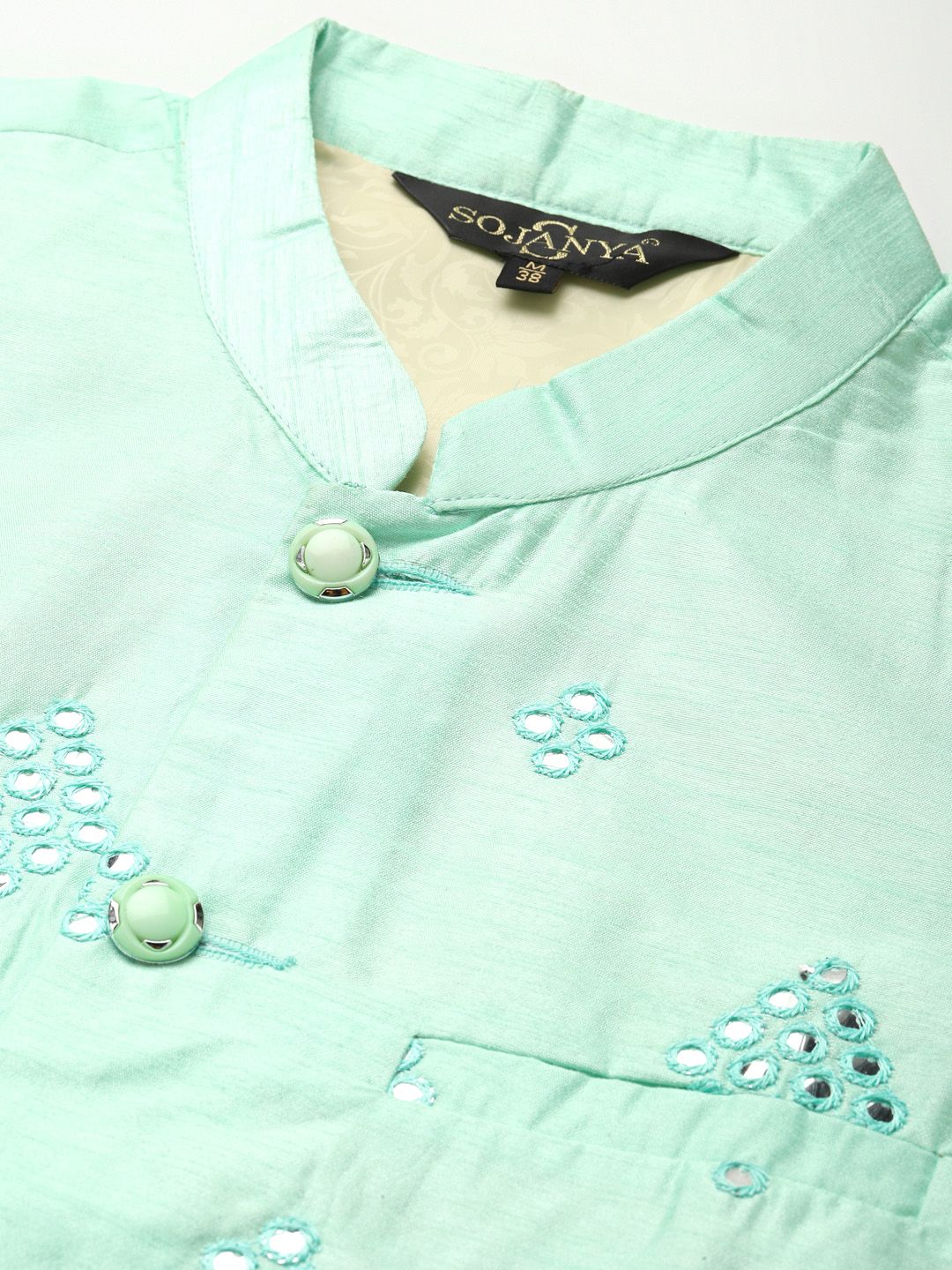 SOJANYA Men Solid Kurta with Churidar & Mirror Work Nehru Jacket